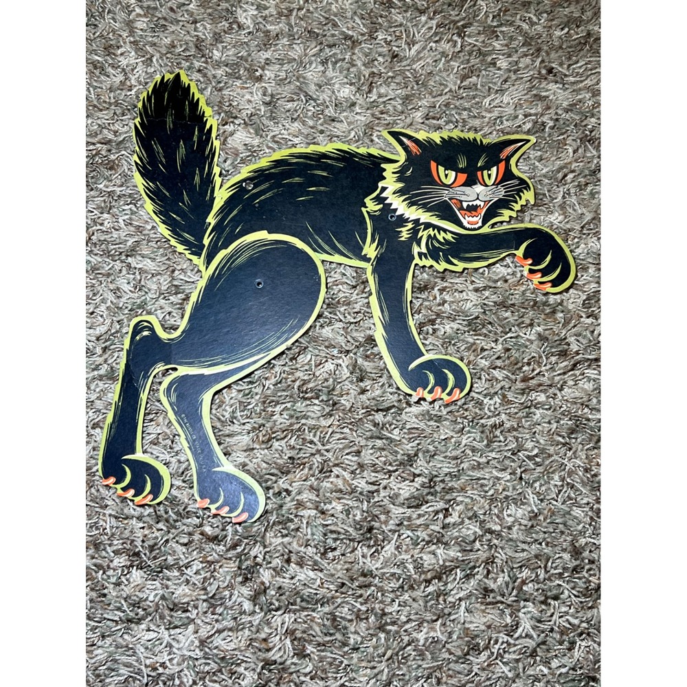 Vintage Beistle Halloween Jointed Black Cat Cutout Mid Century Paper Decor 17"